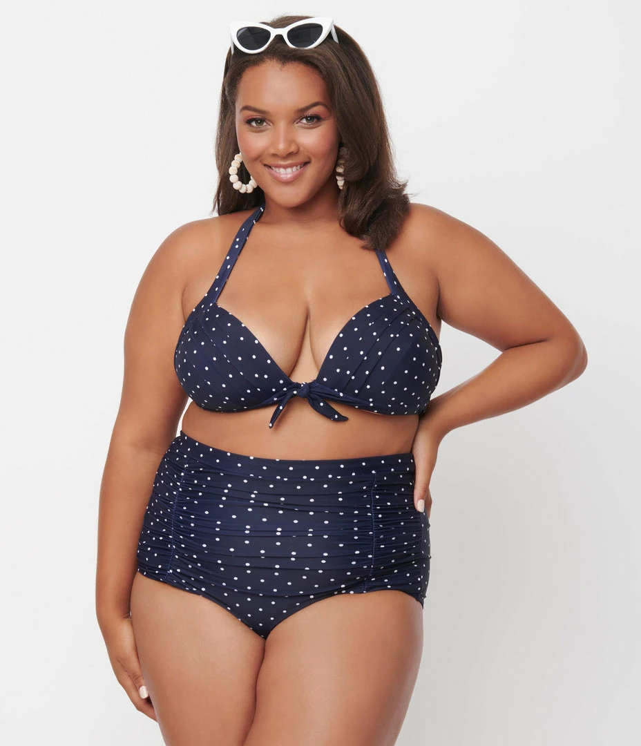 Unique Vintage Plus Size Navy & White Pin Dot Print Monroe Swim Top Swimwear