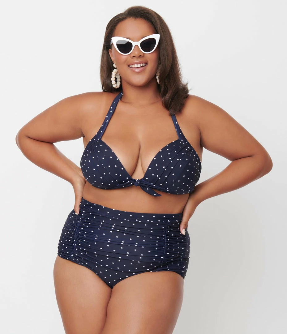 Unique Vintage Plus Size Navy & White Pin Dot Print Monroe Swim Top Swimwear