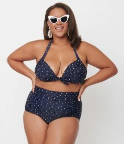 Swimwear Unique Vintage Plus Size Navy & White Pin Dot Monroe High Waist Swim Bottom