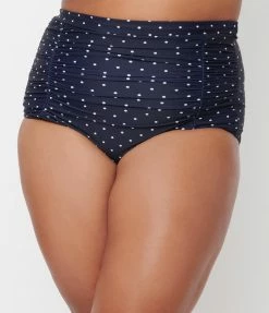 Swimwear Unique Vintage Plus Size Navy & White Pin Dot Monroe High Waist Swim Bottom
