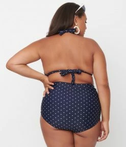 Swimwear Unique Vintage Plus Size Navy & White Pin Dot Monroe High Waist Swim Bottom