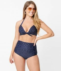 Unique Vintage Navy & White Pin Dot Monroe High Waist Swim Bottom Swimwear