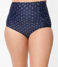 Unique Vintage Navy & White Pin Dot Monroe High Waist Swim Bottom Swimwear