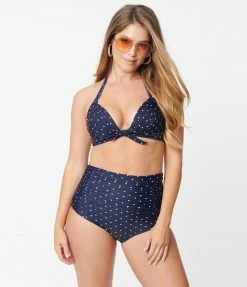 Unique Vintage Navy & White Pin Dot Monroe High Waist Swim Bottom Swimwear