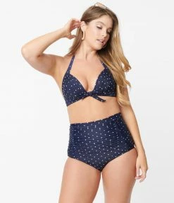 Unique Vintage Navy & White Pin Dot Monroe High Waist Swim Bottom Swimwear