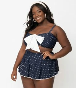 Unique Vintage Plus Size Navy & White Pin Dot Rialto Bikini Top Swimwear