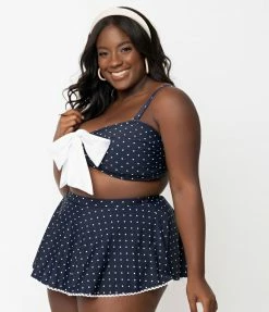 Unique Vintage Plus Size Navy & White Pin Dot Rialto Bikini Top Swimwear