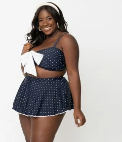 Swimwear Unique Vintage Plus Size Navy & White Pin Dot Pin-Up Coronado Swim Skirt