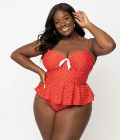 Unique Vintage Plus Size Red & White Pin Dot Peplum Solana Tankini Swim Top