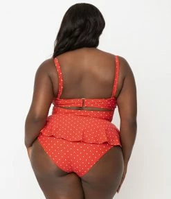 Unique Vintage Plus Size Red & White Pin Dot Peplum Solana Tankini Swim Top