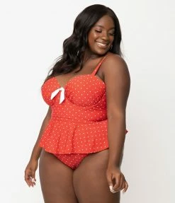Unique Vintage Plus Size Red & White Pin Dot Peplum Solana Tankini Swim Top