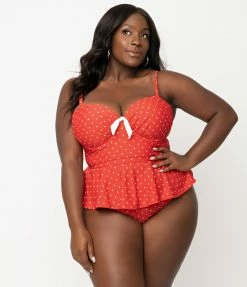 Unique Vintage Plus Size Red & White Pin Dot Peplum Solana Tankini Swim Top