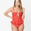 Unique Vintage Red & White Pin Dot Peplum Solana Tankini Swim Top Swimwear