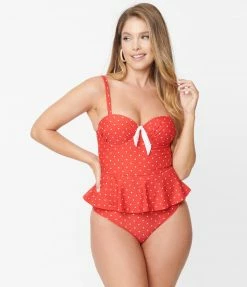 Unique Vintage Red & White Pin Dot Peplum Solana Tankini Swim Top Swimwear