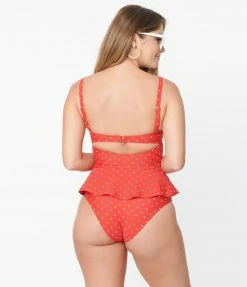 Unique Vintage Red & White Pin Dot Peplum Solana Tankini Swim Top Swimwear