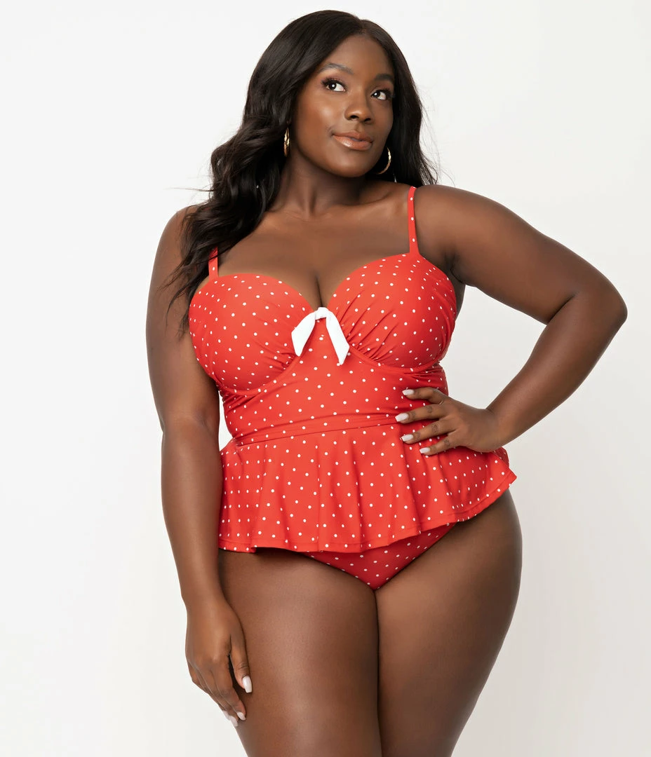 Unique Vintage Plus Size Red & White Pin Dot Daphne Swim Bottoms