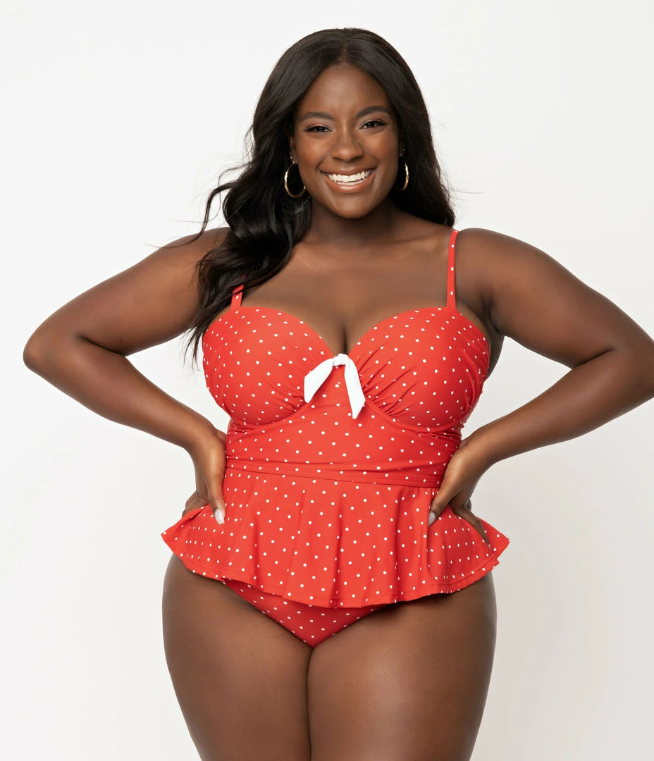 Unique Vintage Plus Size Red & White Pin Dot Daphne Swim Bottoms