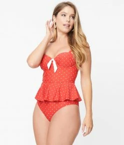 Unique Vintage Red & White Pin Dot Daphne Swim Bottoms Swimwear
