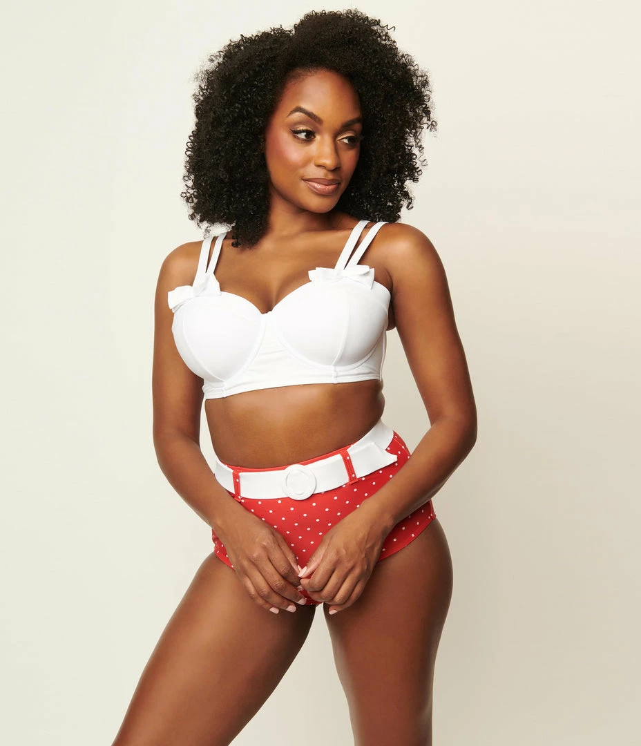 Unique Vintage White Bowed Over Swim Top Swimwear