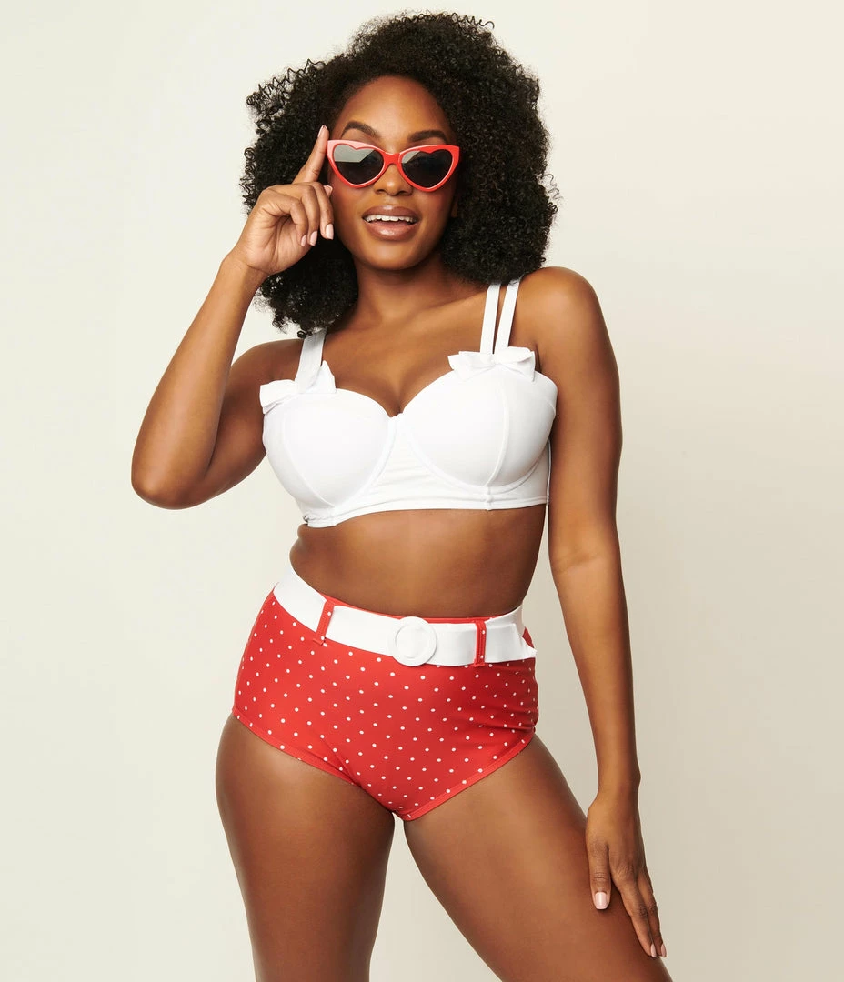 Unique Vintage White Bowed Over Swim Top Swimwear
