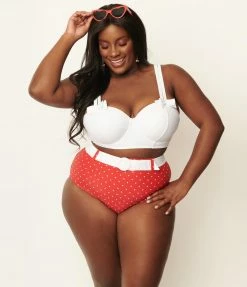 Unique Vintage Plus Size Red & White Pin Dot Belted Redondo Swim Bottoms