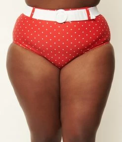 Unique Vintage Plus Size Red & White Pin Dot Belted Redondo Swim Bottoms
