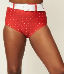 Swimwear Unique Vintage Red & White Pin Dot Belted Redondo Swim Bottoms