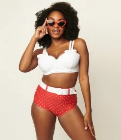Swimwear Unique Vintage Red & White Pin Dot Belted Redondo Swim Bottoms