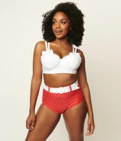 Swimwear Unique Vintage Red & White Pin Dot Belted Redondo Swim Bottoms