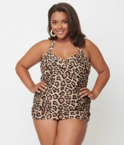 Swimwear Unique Vintage Plus Size Leopard Print Corinne Sheath Swimsuit