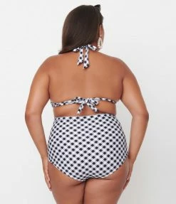 Unique Vintage Plus Size Black & White Gingham Monroe Halter Swim Top