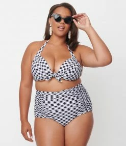 Unique Vintage Plus Size Black & White Gingham Monroe Halter Swim Top