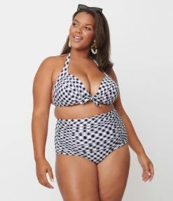 Unique Vintage Plus Size Black & White Gingham Monroe Halter Swim Top