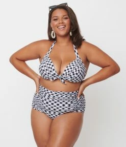 Unique Vintage Plus Size Black & White Gingham Monroe Halter Swim Top