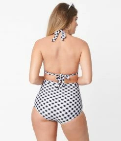 Unique Vintage Black & White Gingham Monroe High Waist Swim Bottom