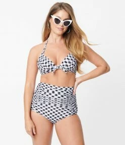 Unique Vintage Black & White Gingham Monroe High Waist Swim Bottom