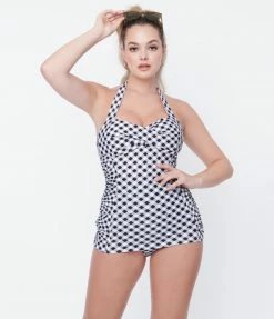 Unique Vintage Black & White Gingham Corinne Sheath Swimsuit