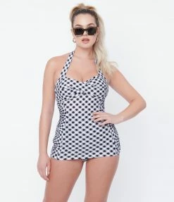 Unique Vintage Black & White Gingham Corinne Sheath Swimsuit