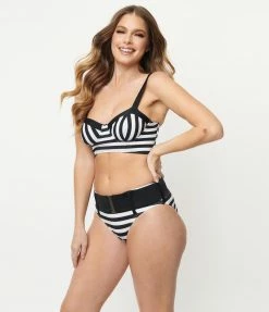 Unique Vintage Black & White Stripe Marlene Crop Swim Top Swimwear