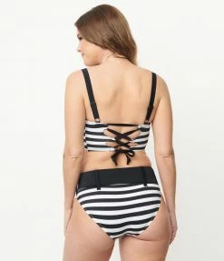 Unique Vintage Black & White Stripe Marlene Crop Swim Top Swimwear