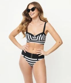 Unique Vintage Black & White Stripe Marlene Crop Swim Top Swimwear