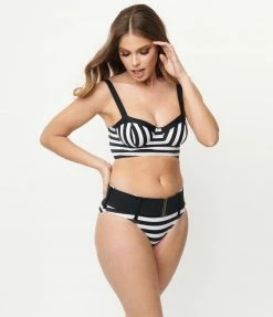 Unique Vintage Black & White Stripe Marlene Crop Swim Top Swimwear