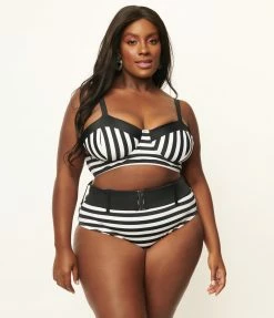 Swimwear Unique Vintage Plus Size Black & White Stripe Belted Sunsational Swim Bottom
