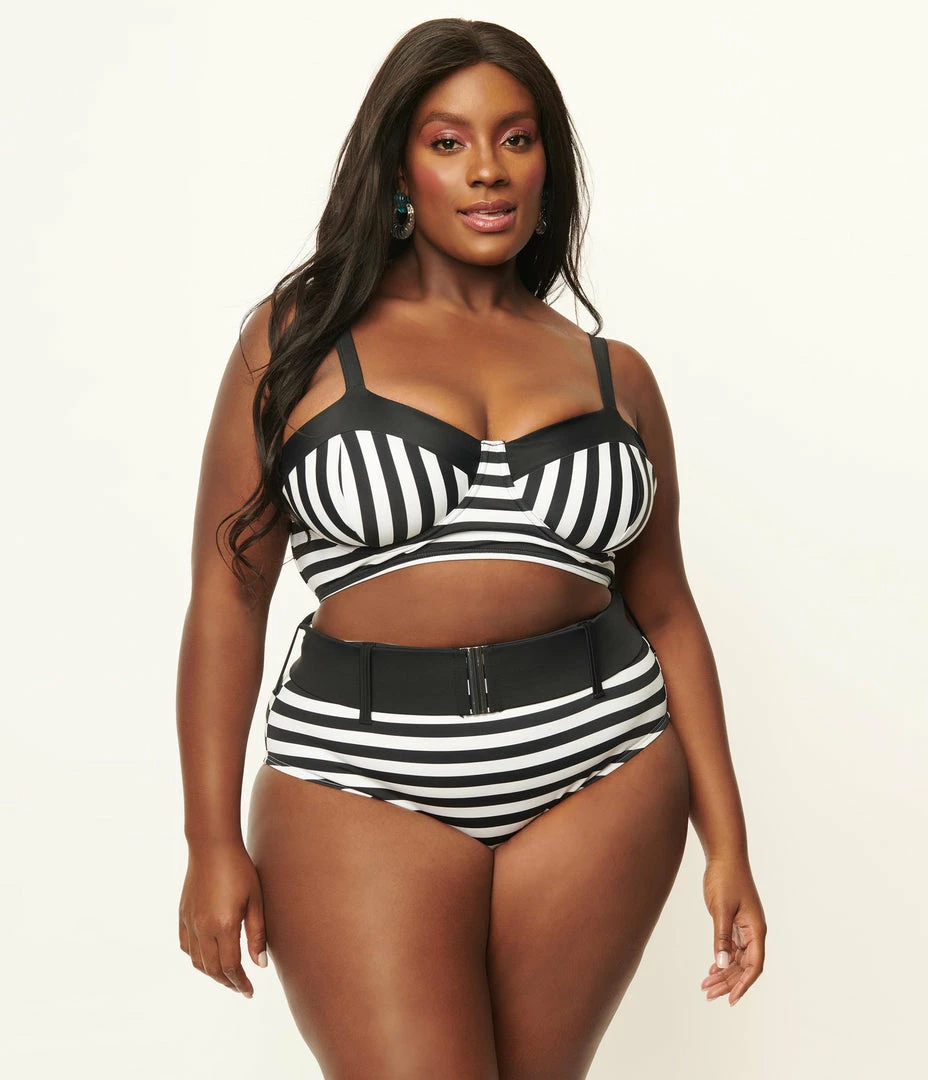 Swimwear Unique Vintage Plus Size Black & White Stripe Belted Sunsational Swim Bottom