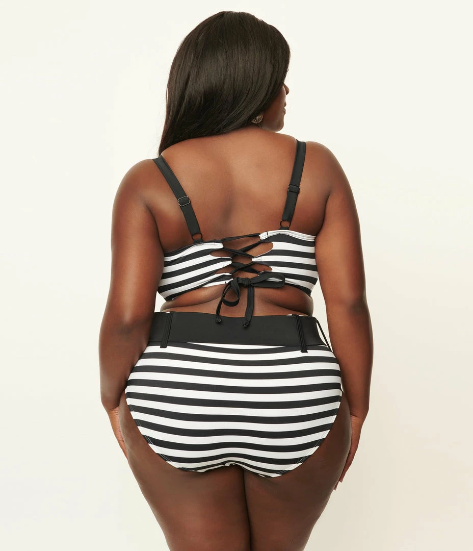 Swimwear Unique Vintage Plus Size Black & White Stripe Belted Sunsational Swim Bottom