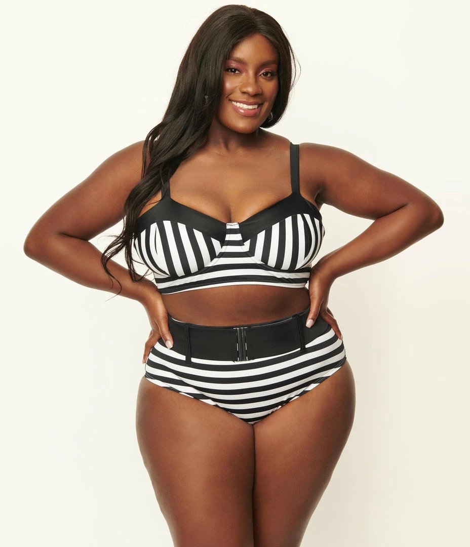 Swimwear Unique Vintage Plus Size Black & White Stripe Belted Sunsational Swim Bottom