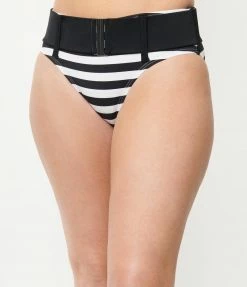 Unique Vintage Black & White Stripe Belted Sunsational Swim Bottom Swimwear