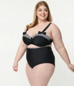 Unique Vintage Plus Size Black & White Stripe Contrast Bowed Over Swim Top