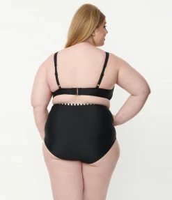 Unique Vintage Plus Size Black & White Stripe Contrast Bowed Over Swim Top