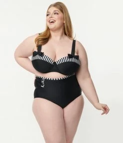 Unique Vintage Plus Size Black & White Stripe Contrast Bowed Over Swim Top